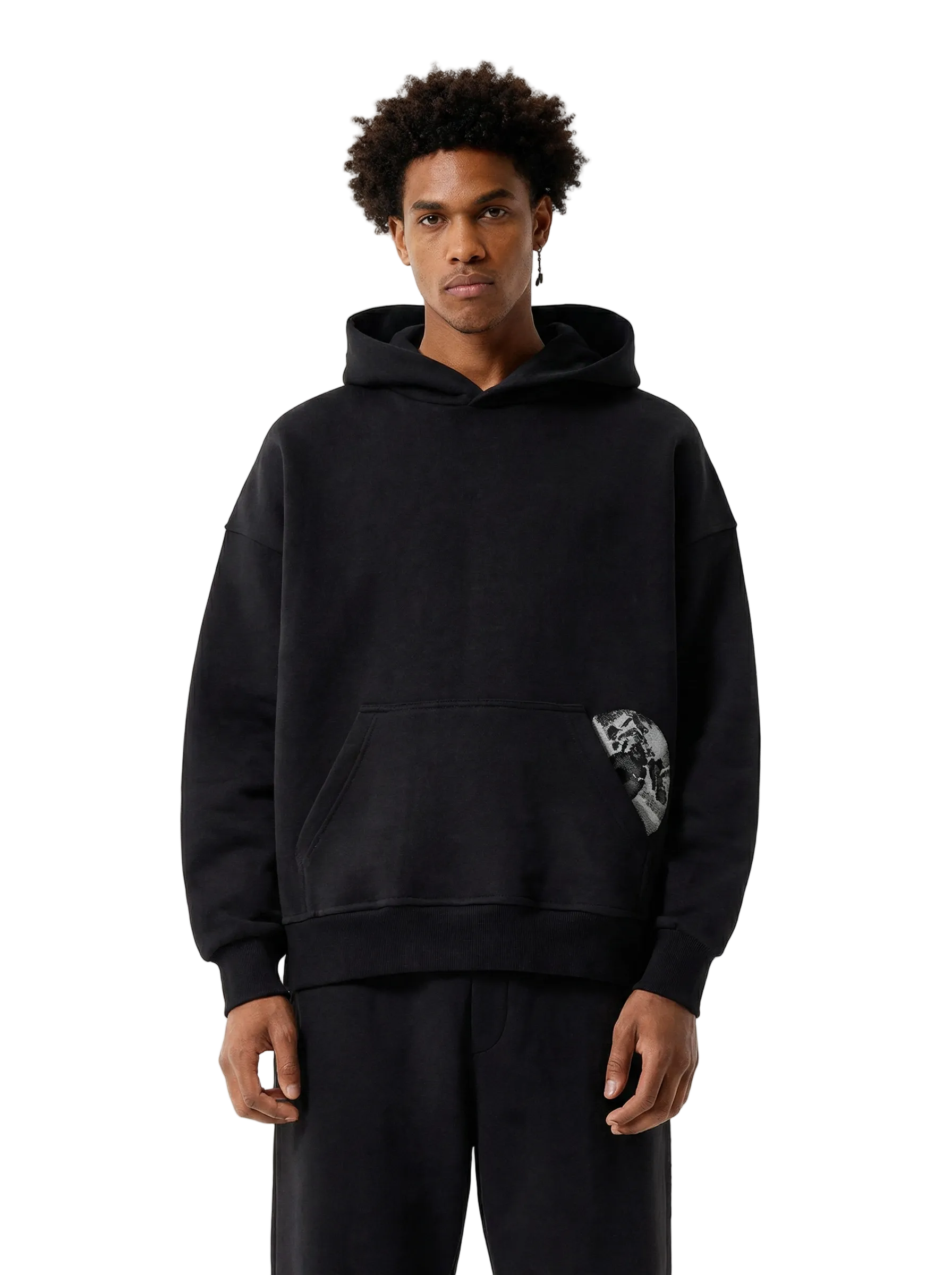 Sweat à Capuche Noir Oversize Détail CD Argenté