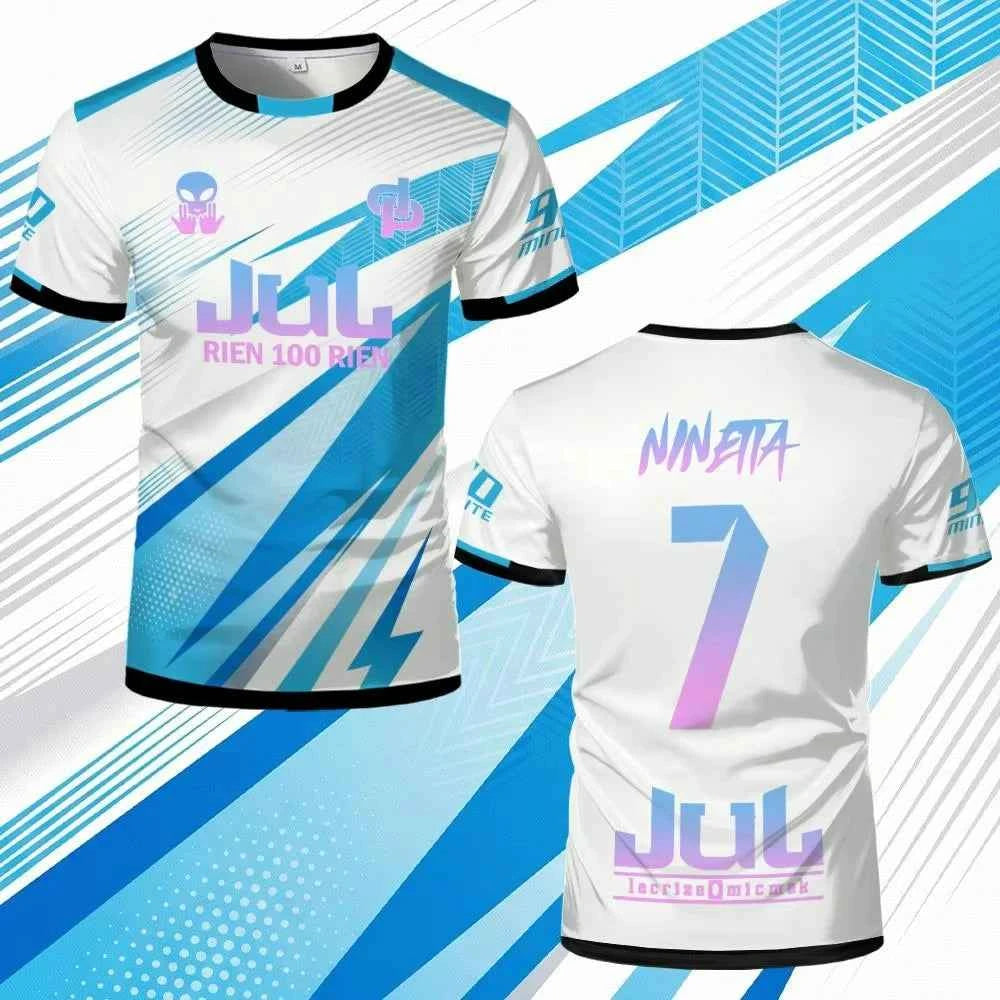 90 Minute Soccer Jersey - White & Blue Lightning Design "Jul Rien 100 Rien" Kid/Adult Y2K Oversized Quick-Dry Sports Shirt ﻿