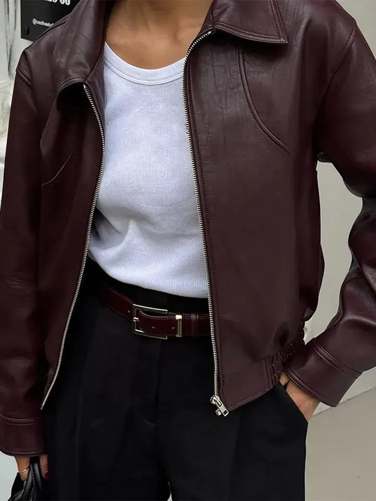 Short burgundy red leather jacket CyBerWave