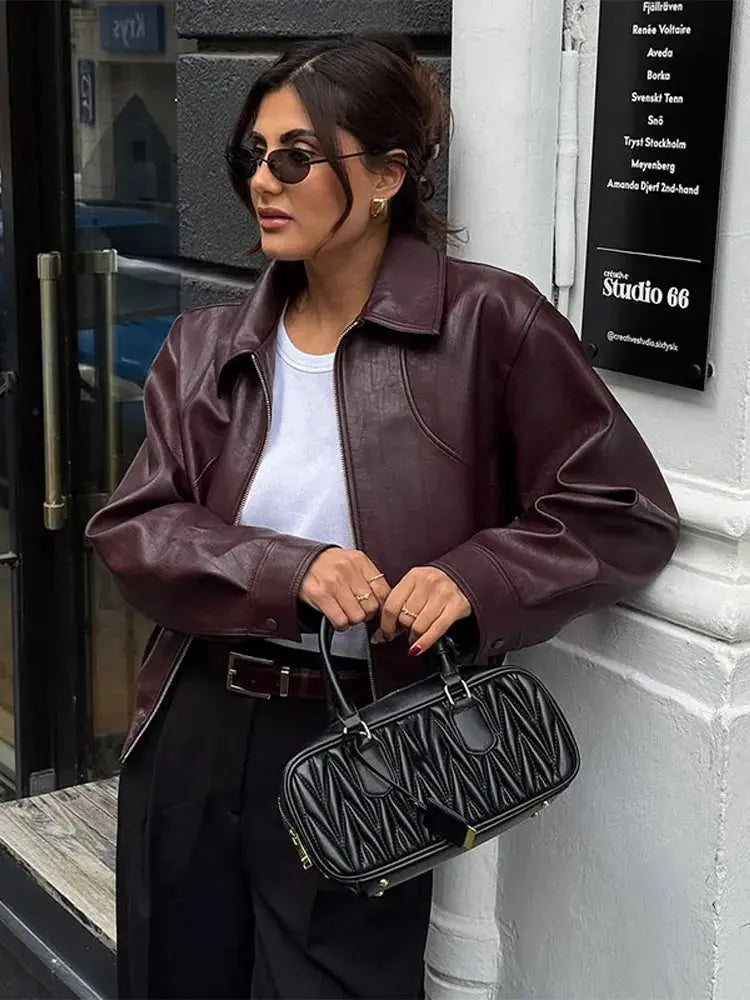 Short burgundy red leather jacket CyBerWave